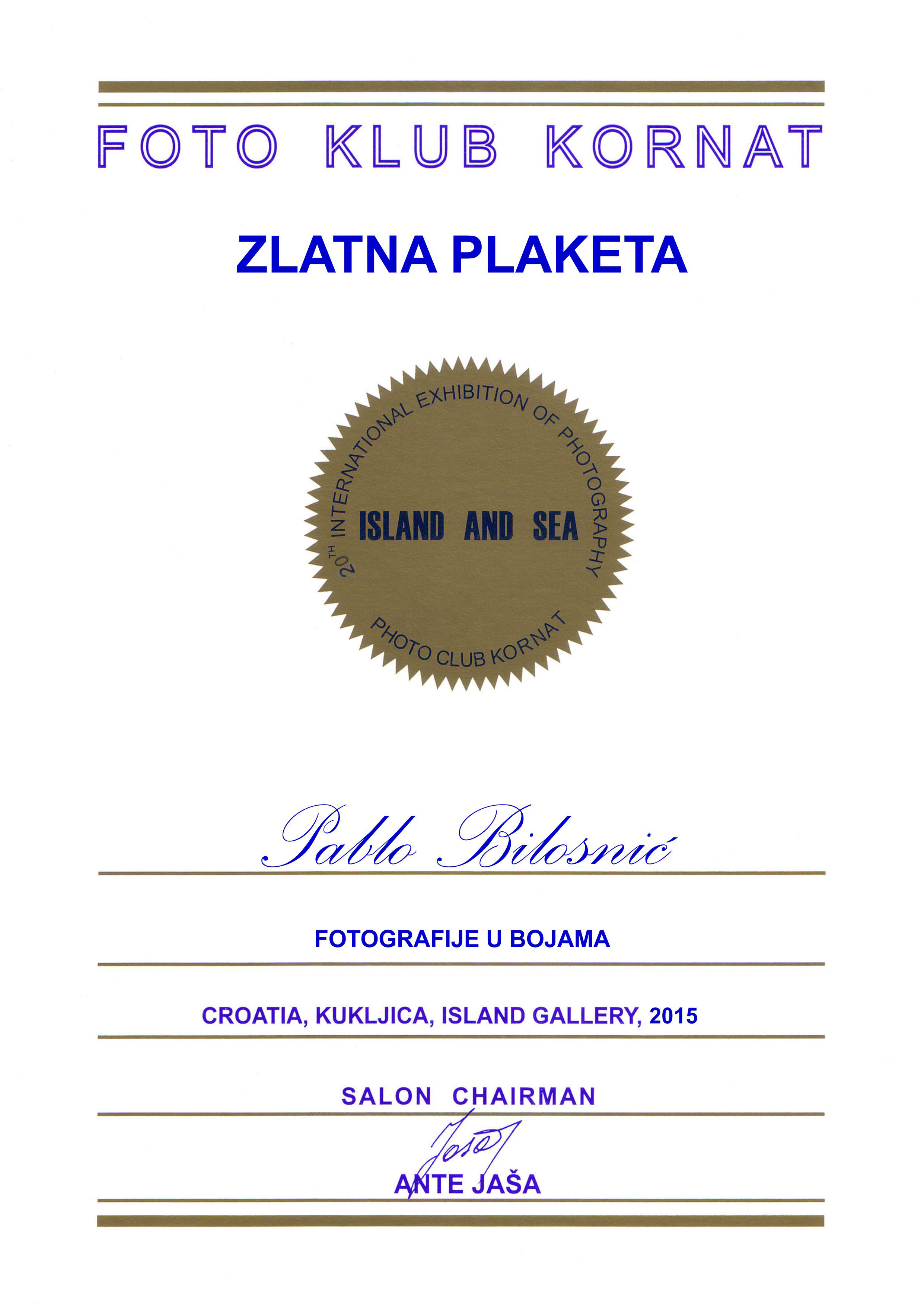 5 Zlatna plaketa Pablu Bilosniću za  fotografiju u  boji